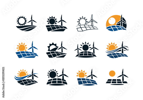 Renewable Energy Icons. Renewable energy sources (solar, wind). Icon set. Set Logo of Renewable energy sources (solar, wind): sun and wind power