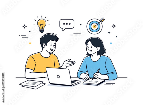 Startup Team Collaboration. Local startup teamwork. Two small business partners discuss ideas at a table with a laptop and papers. Friendly collaboration,