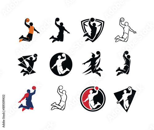 Basketball Logo Variations. Shooting hoops. Icon set. Set Logo of shooting hoops: athlete mid-air dunk pose. harmonious logo variations of the same emblematic
