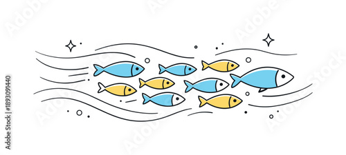 Oceanic Fish Migration. Animal migration. Fish swimming together through ocean currents, with gentle wave lines indicating flow and direction. The scene feels