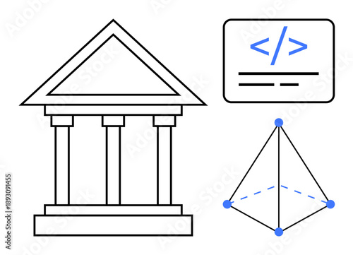 Blockchain, decentralized finance, coding, architecture, innovation, technology. A classic temple icon paired with coding tags and geometric shapes. Blockchain and decentralized finance visual