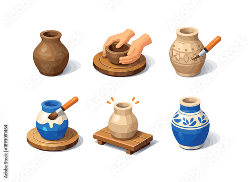 Clay Craft Icons. Clay Craft. Isometric flat vector icons set of Clay Craft: raw clay vase, hand-shaped ceramic form, surface carving details, glazing process