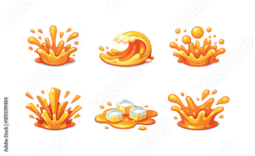 Colorful Juice Splashes. Fresh Drink. Isometric flat vector icons set of Fresh Drink: refreshing juice splash, cold juice wave, juicy splash with bubbles,