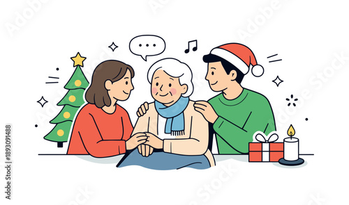 Holiday Companionship Illustration. Holiday companionship. Visitors offering time, conversation, and comfort to an elderly person during the holidays. Calm