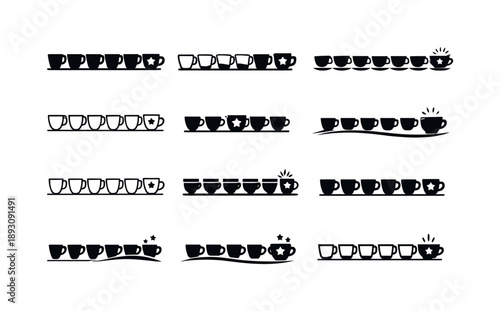 Coffee Loyalty Icons. Coffee loyalty card. Icon set. Set Logo of Coffee loyalty card: row of cups filling up as rewards. harmonious logo variations of the same