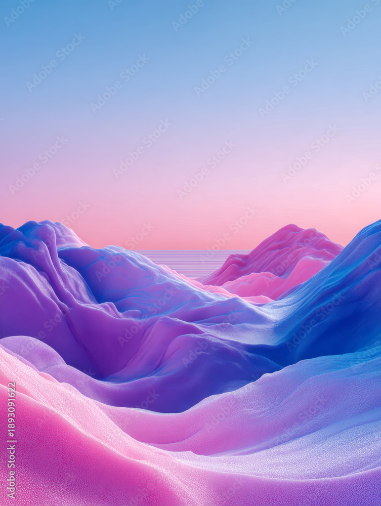 Fototapeta premium Surreal landscape of smooth rolling hills in vibrant pink and blue hues under a soft pastel sunset sky, evoking a dreamlike and tranquil atmosphere