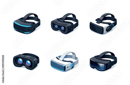 VR Headset Icons. VR Headset. Isometric flat vector icons set of VR Headset: immersive VR goggles, VR headset with foam padding, adjustable VR headset, VR