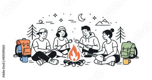 Camping Marshmallow Roast. Friends roasting marshmallows camping. Campfire scene with backpacks and mugs nearby, relaxed and unhurried mood. Adventure, rest,