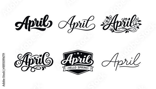 April Lettering Styles. April card. Set lettering. harmonious lettering variations of the same emblematic concept, each with different artistic interpretation