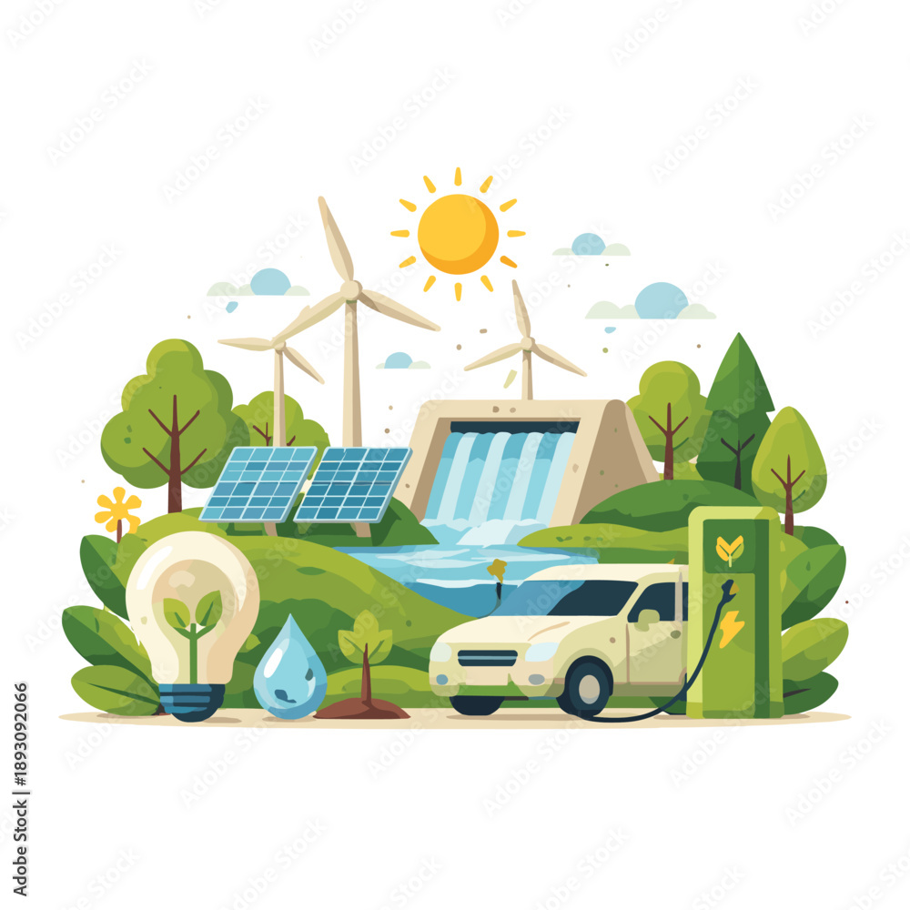 Fototapeta premium Sustainable Energy Landscape with Electric Vehicle