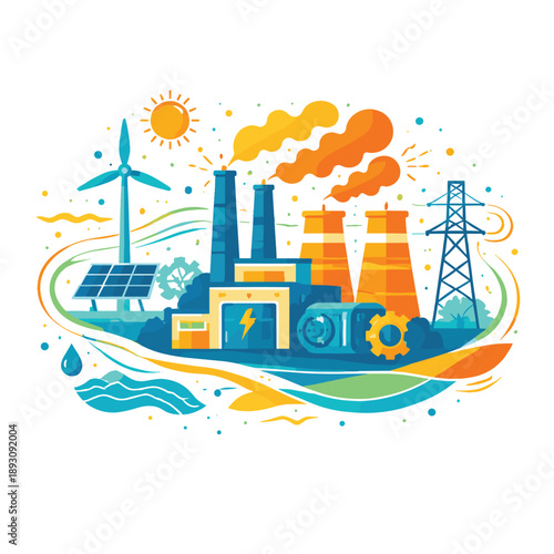 Industrial energy production with renewable sources illustration