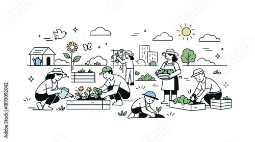 Community Garden Harmony. Community gardening lifestyle. A wide view of a shared garden with multiple people working quietly among plants. A balanced, hopeful