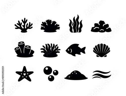 Undersea Icons Grid. Undersea Nature. Solid icon set of Undersea Nature: branching coral, soft coral bush, kelp leaves, reef rock base, sea sponge, anemone