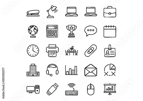 Modern Workspace & Corporate Vector Icons, Professional Office Supplies & Business Outline Set, Minimalist Productivity & Desktop Equipment Graphics