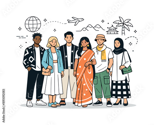 Global Style Fusion. Global fashion trends. Diverse people from different cultures standing together, wearing modern outfits inspired by global styles, calm
