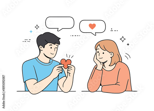 Millennial Love Communication. Romantic relationship advice for millennials. One partner holding a small heart-shaped card while the other listens attentively,