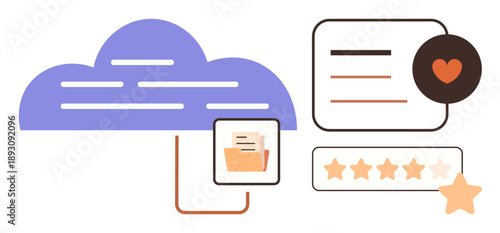 Data storage, cloud technology, user feedback, file sharing, system synchronization, customer satisfaction. Cloud with connected files, ratings and reviews. Cloud technology and user feedback