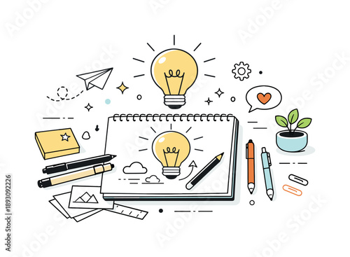 Creative Minimal Desk Scene. Creative desk scene. Minimal workspace with sketchpad, pens and lightbulb icon, friendly and inspired atmosphere showing idea