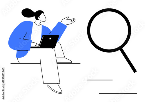 Woman sitting with a laptop, gesturing towards a large magnifying glass. Ideal for research, analysis, exploration, technology, education, learning innovation. Minimalist simple flat metaphor