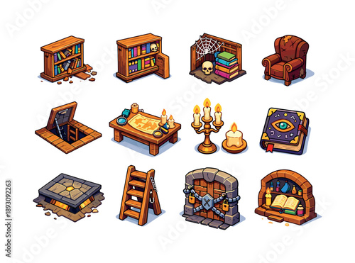 Forgotten Library Icons. Forgotten Library. Colorful isometric vector icons set of Forgotten Library: broken bookshelf, secret sliding shelf, cobweb corner,