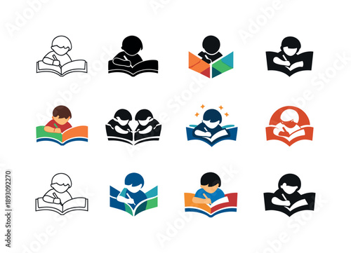 Creative Storybook Icons. Kids creating storybooks. Icon set. Set Logo of kids creating storybooks: child drawing in open book. harmonious logo variations of
