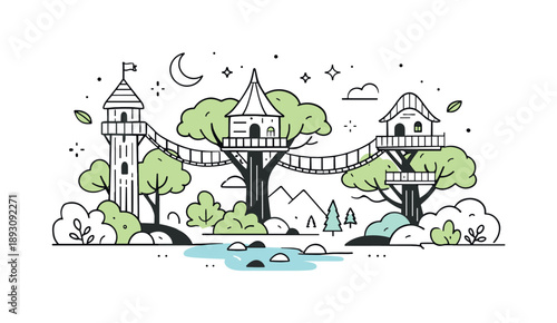 Mystical Forest Cityscape. Mystical forest city. Wooden towers and treehouses connected by hanging bridges, soft foliage around. Calm fantasy and serene