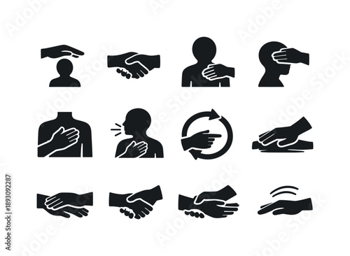 Therapeutic Gesture Icons. Therapeutic touch. Solid icon set of treatment gestures: palm hover, comforting hand, shoulder support, forehead touch, hand on