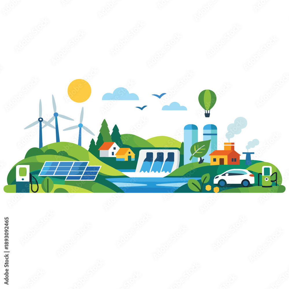 Fototapeta premium Eco-friendly landscape featuring renewable energy sources