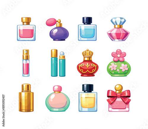 Perfume Bottles Collection. Perfume Bottle. Colorful flat vector icons set of Perfume Bottle: classic glass bottle, vintage atomizer, modern minimalist flask,