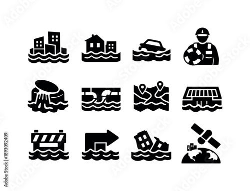 Urban Flood Icons. Urban Flooding. Solid icon set of Urban Flooding: city under water, flooded buildings, submerged car, sewer overflow, rescue worker, city