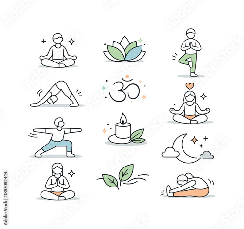 Mindful Yoga Icons. Yoga and meditation icons illustration. Minimal icons of people in yoga poses, meditation posture, and calm symbols like lotus flowers and