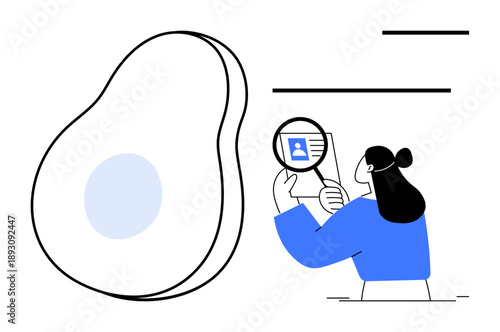Identity verification concept. Person examines a document with a magnifying glass for identity confirmation. Identity verification ensures secure personal data handling. For tech, business, security