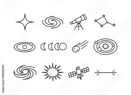Space Icons Set. Space and stars. Line icon set of Space and stars: shining star, galaxy outline, telescope, constellation, orbit path, moon phase, meteor