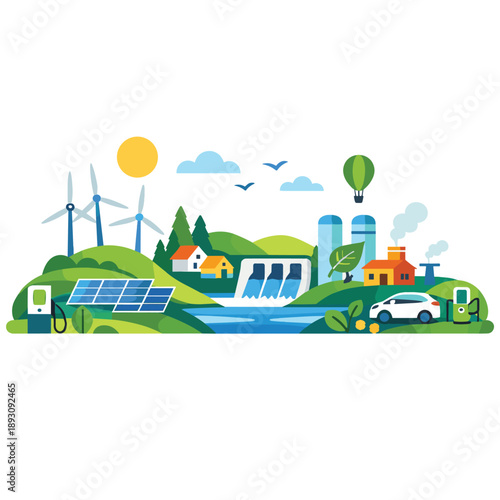 Eco-friendly landscape featuring renewable energy sources