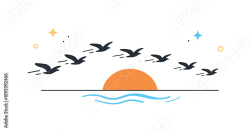 Birds Returning Home. Birds coming back illustration. Minimal silhouettes of birds flying toward the horizon, creating a peaceful sense of return and