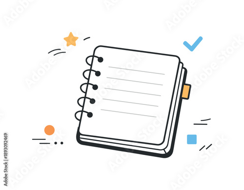 Minimal Notebook Illustration. Minimal notebook illustration. A compact paper notebook slightly tilted, pages subtly layered, surrounded by light abstract