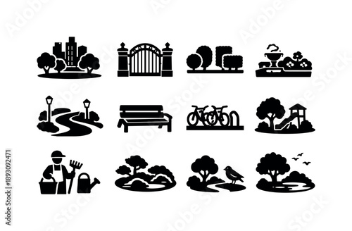 Urban Park Icons. Urban park springtime. Solid icon set of Urban park springtime: city skyline behind trees, park entrance gate, trimmed hedges, public garden,