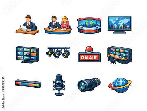 Isometric News Studio Icons. News Studio. Colorful isometric vector icons set of News Studio: anchor reading headlines, co-anchor setup, news desk view,