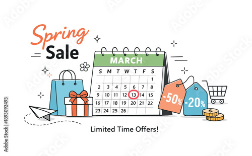 Spring Sale Banner. Spring sale March banner. A modern promotional scene with a calendar marked March, percentage tags and minimal shopping elements,