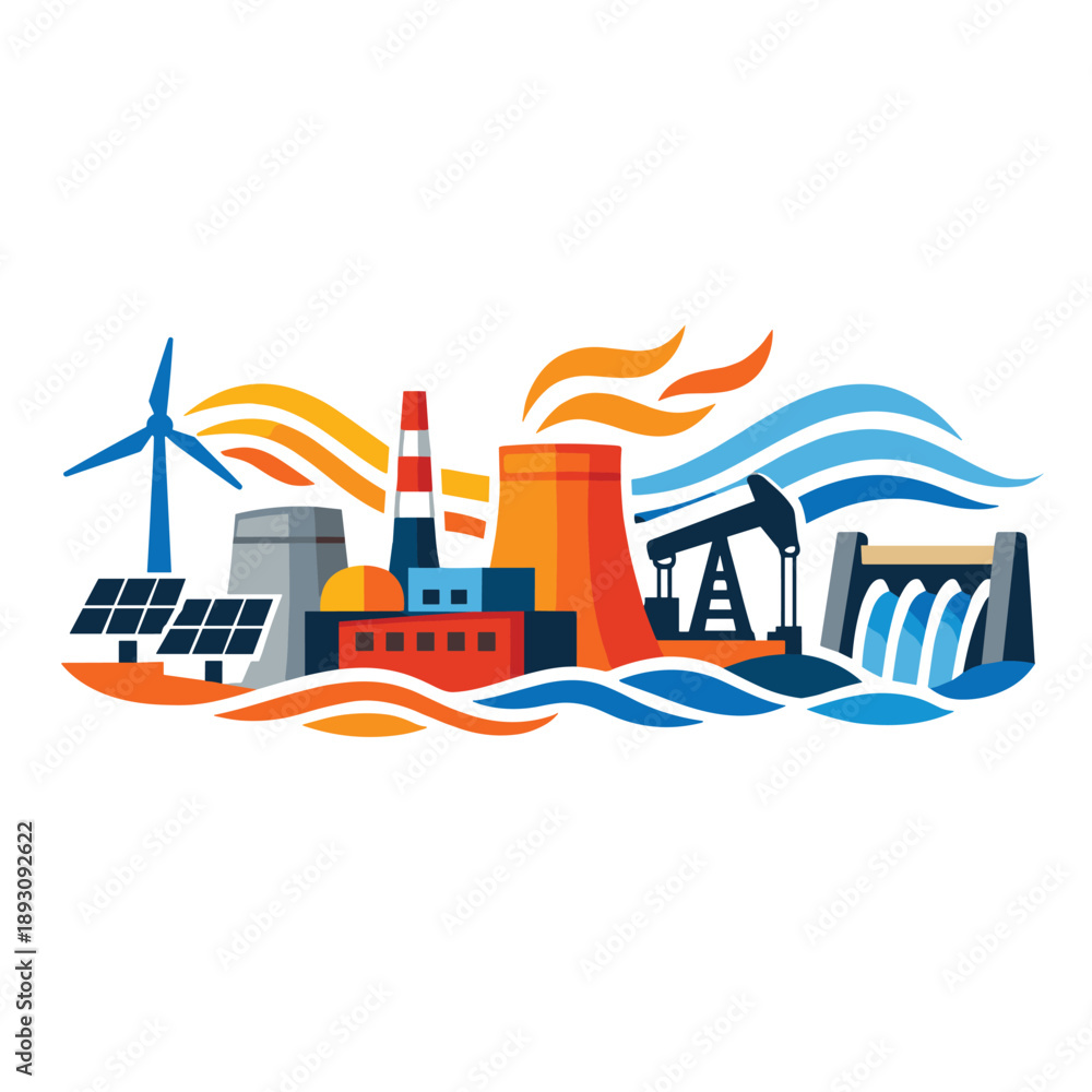 Obraz premium Diverse energy sources in a colorful industrial scene