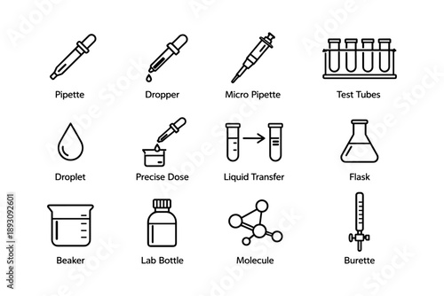 Laboratory equipment icons: pipette, test tubes, flask, beaker, molecule diagram