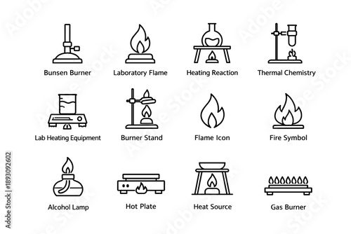 Laboratory heating equipment icons: bunsen burner, flame, chemistry symbols