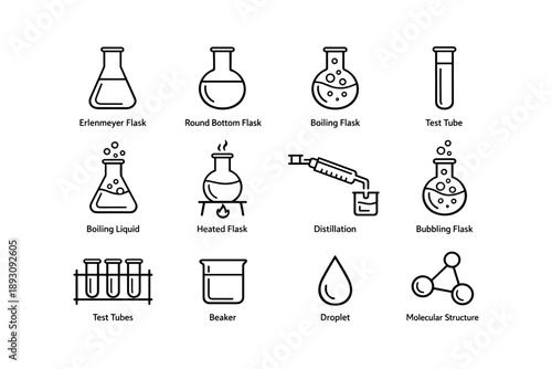 Laboratory glassware icons featuring flasks, tubes, and molecular structures