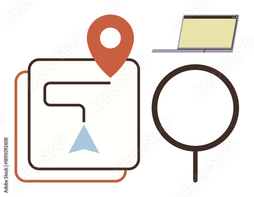Navigation tools, online search, location tracking, digital mapping, route guidance, mobile applications. Map pin, route line magnifying glass and laptop. Navigation tools and online search concept