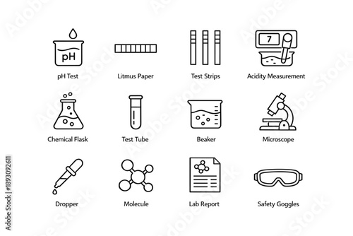 Laboratory equipment and tools icons for scientific research and experimentation