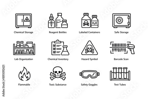 Laboratory safety and chemical storage icons for research environments