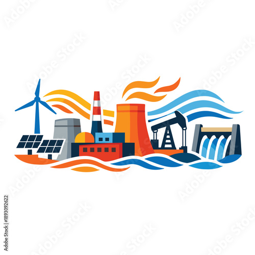 Diverse energy sources in a colorful industrial scene