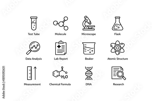 Science laboratory icons: test tube, molecule, microscope, flask, data analysis, lab report