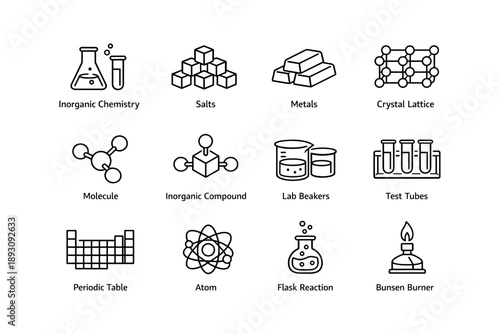 Icons of inorganic chemistry: molecules, lab equipment, and atomic structures
