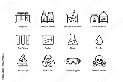 Lab equipment and safety icons: reagents, test tubes, biohazard, safety goggles, skull